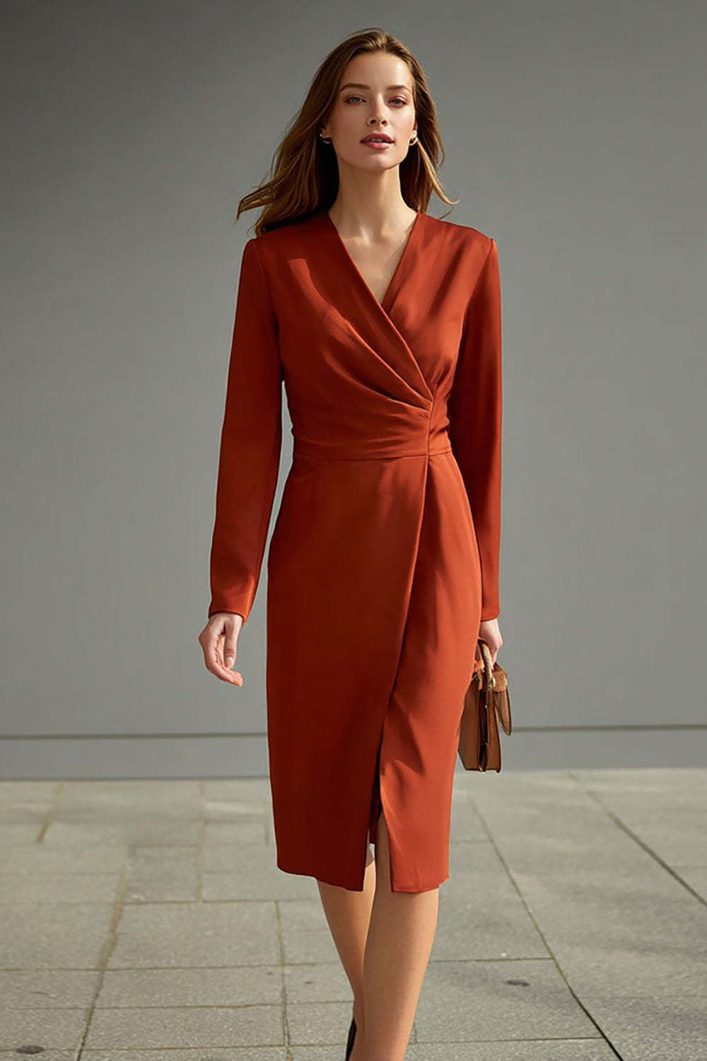 Leely Women Terracotta Midi Pencil Work Dress with Slit Ruched V-Neck Long Sleeves Business Dress