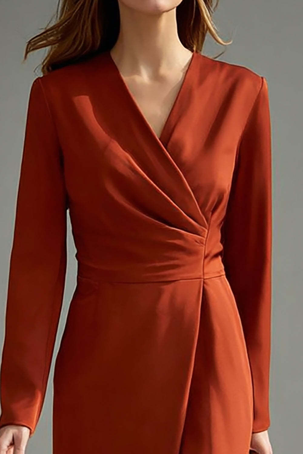 Midi Pencil Terracotta V-Neck Long Sleeves Work Dress with Slit