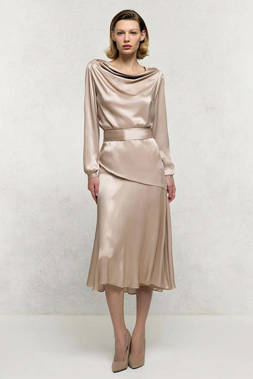 Leely Women Champagne Satin Midi Work Dress Long Sleeves A Line Cowl Neck Business Dress