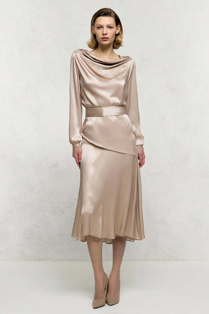 Leely Women Champagne Satin Midi Work Dress Long Sleeves A Line Cowl Neck Business Dress