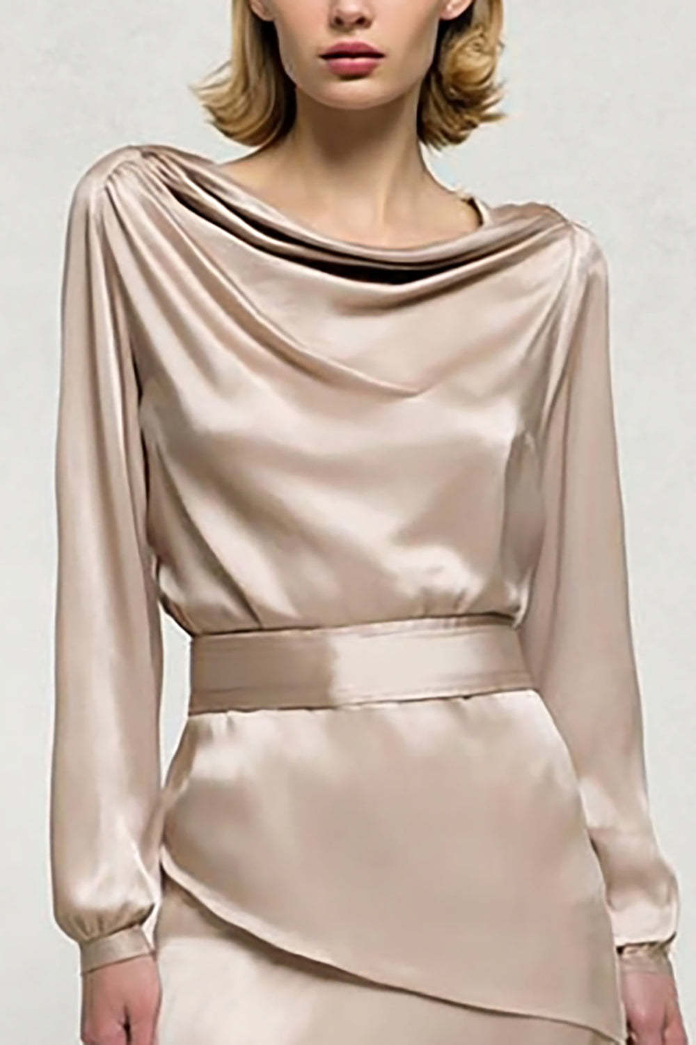 Champagne Midi Satin Cowl Neck Work Dress with Sleeves