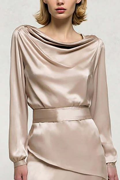 Champagne Midi Satin Cowl Neck Work Dress with Sleeves