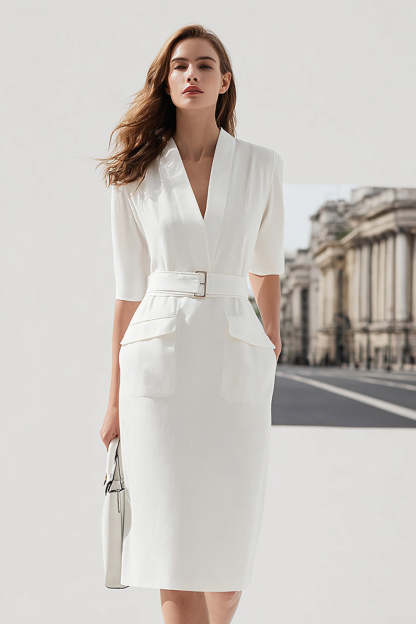 Leely Women Ivory Midi Pencil Work Dress with Belt V-Neck Half Sleeves Business Dress