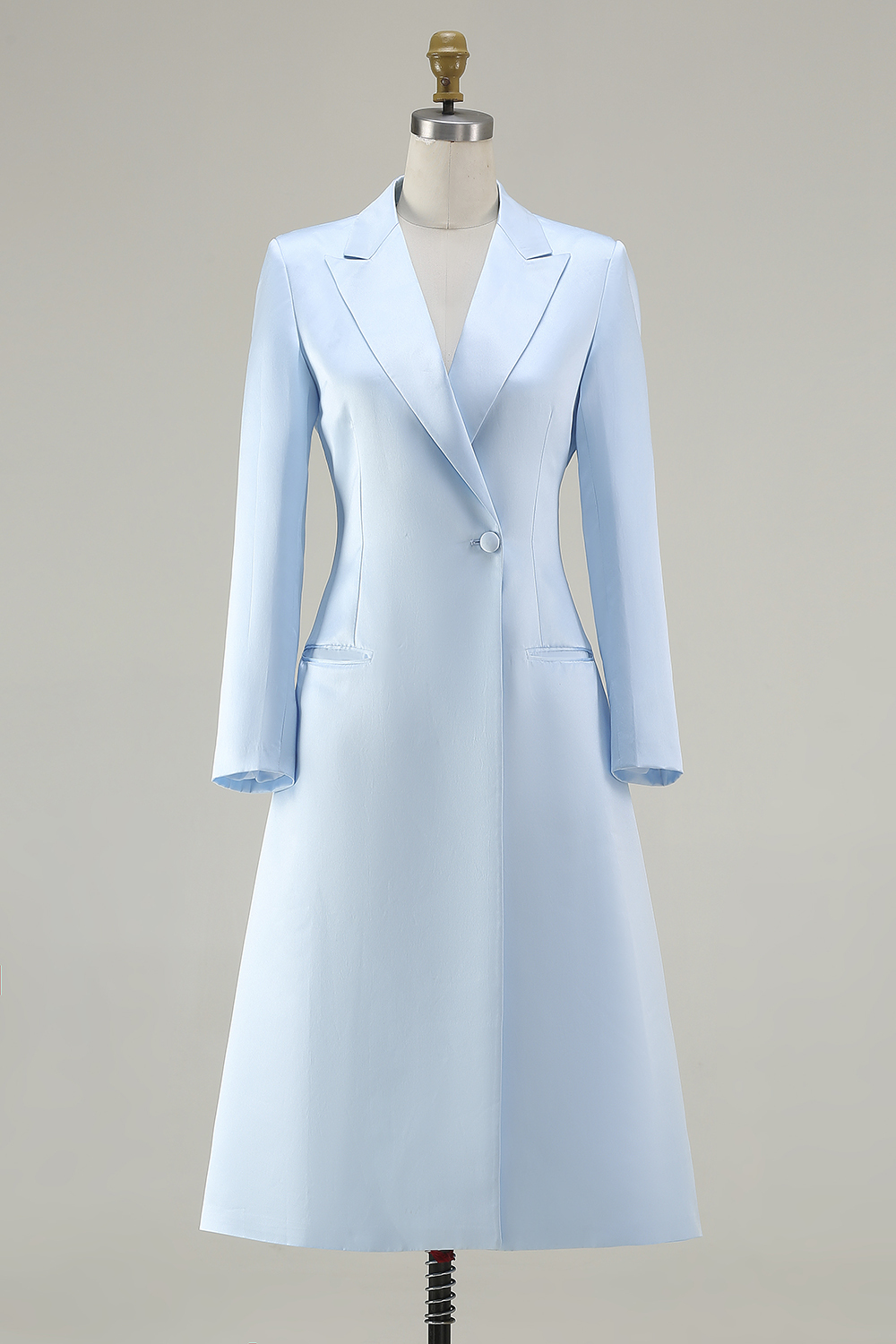 Sky Blue Midi Peak Lapel Pencil One Button Blazer Dress with Sleeves