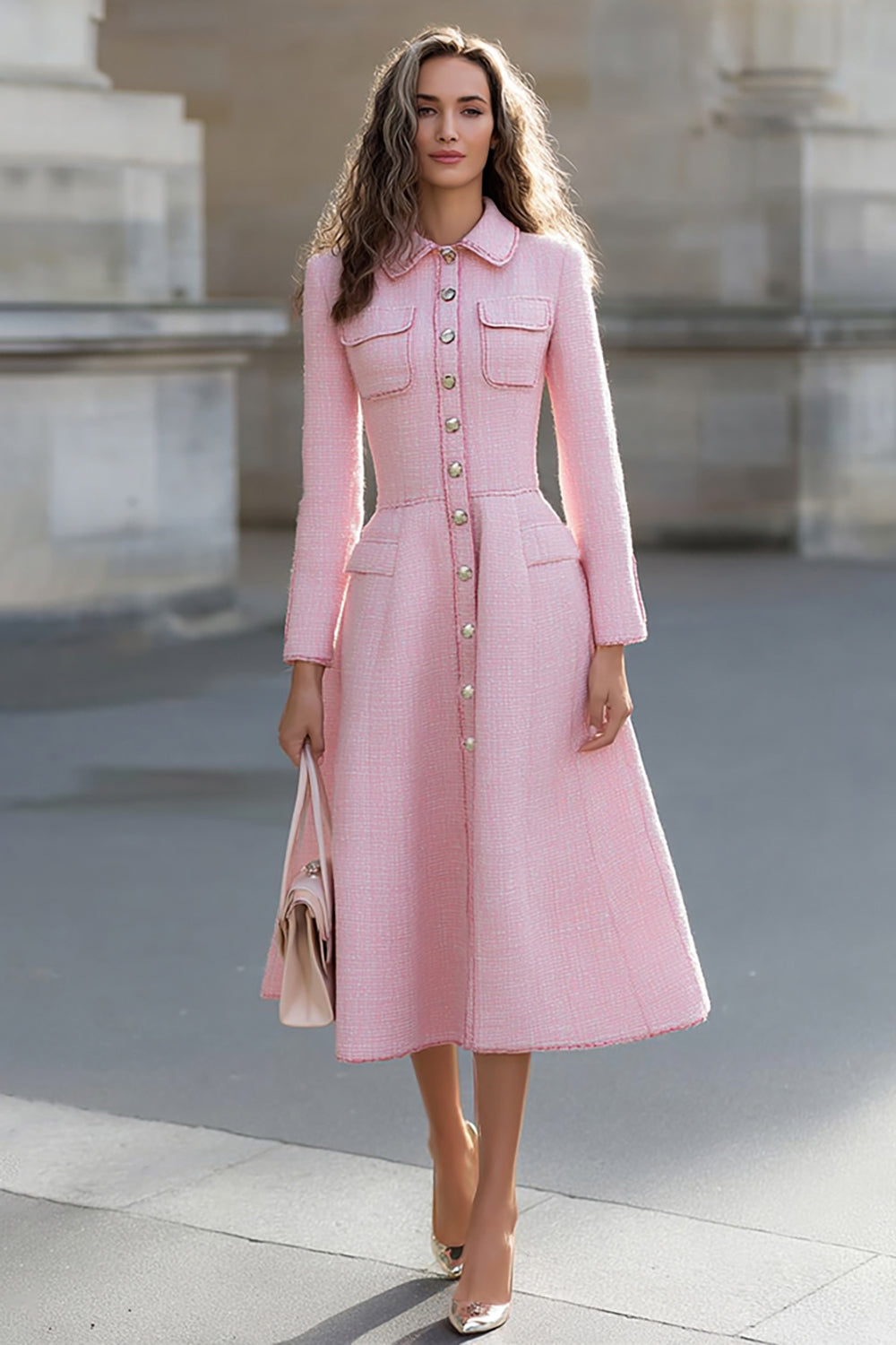 Pink Collar Neck Long Sleeves A Line Tweed Midi One Piece Work Dress