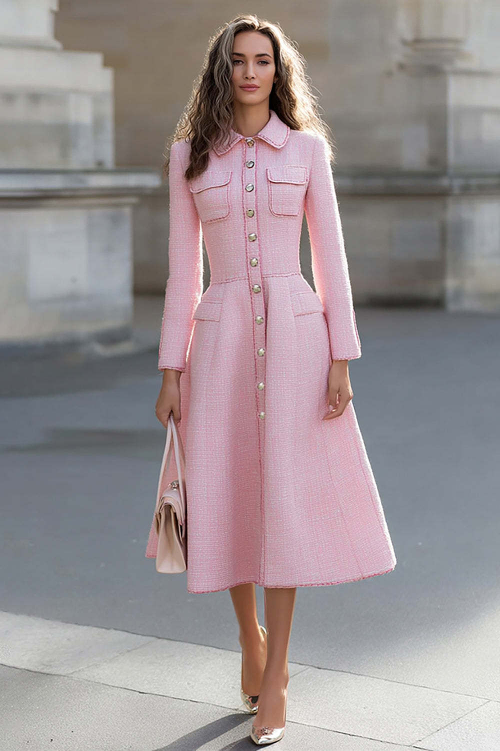 Leely Women Pink Tweed Midi Work Dress Collar Neck A Line Single