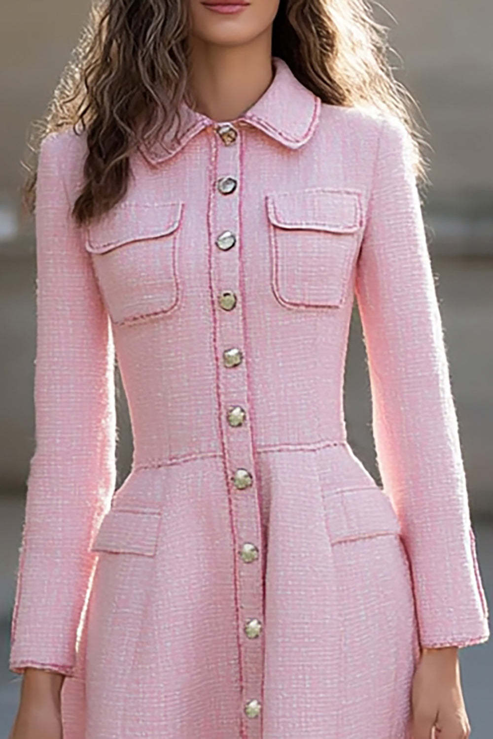 Pink Collar Neck Long Sleeves A Line Tweed Midi One Piece Work Dress