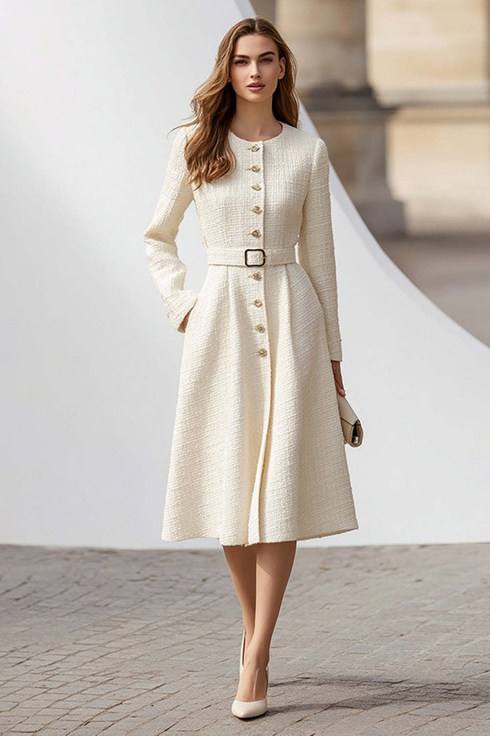 Leely Women Ivory Tweed Midi Work Dress with Belt Round Neck Long Sleeves A Line Single Breasted Coat Dress