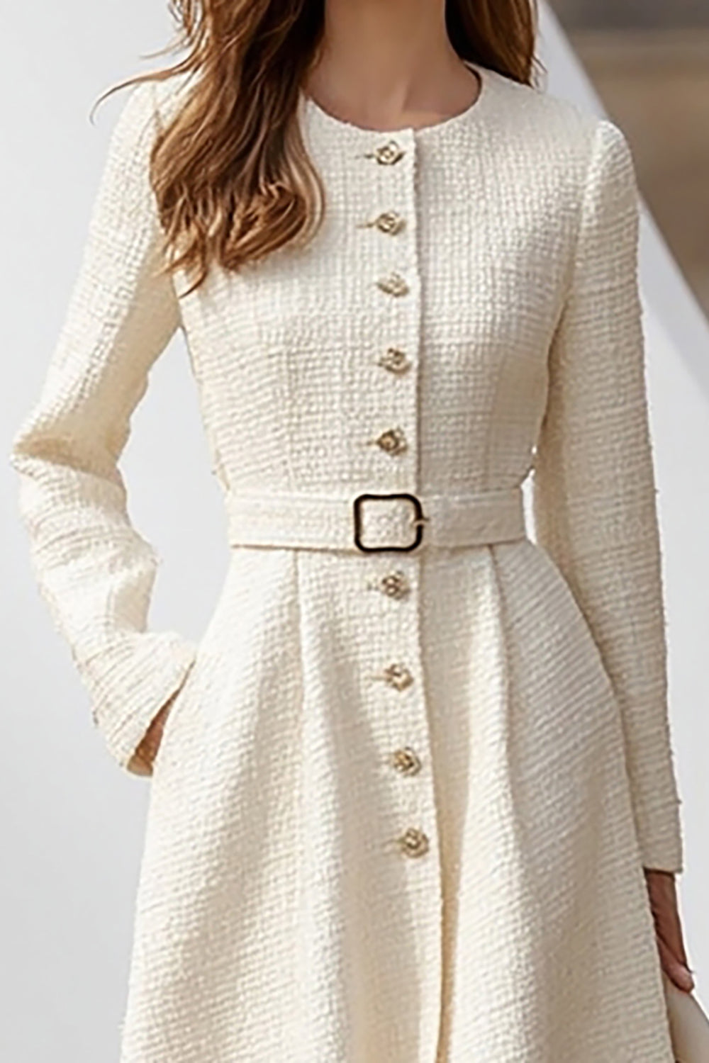 Tweed Ivory Long Sleeves A Line Midi Work Dress with Belt