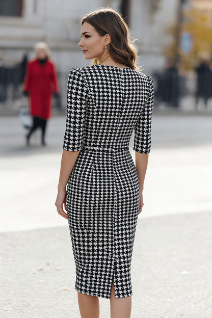 Midi Black and White Pencil Half Sleeves Tweed Plaid Work Dress