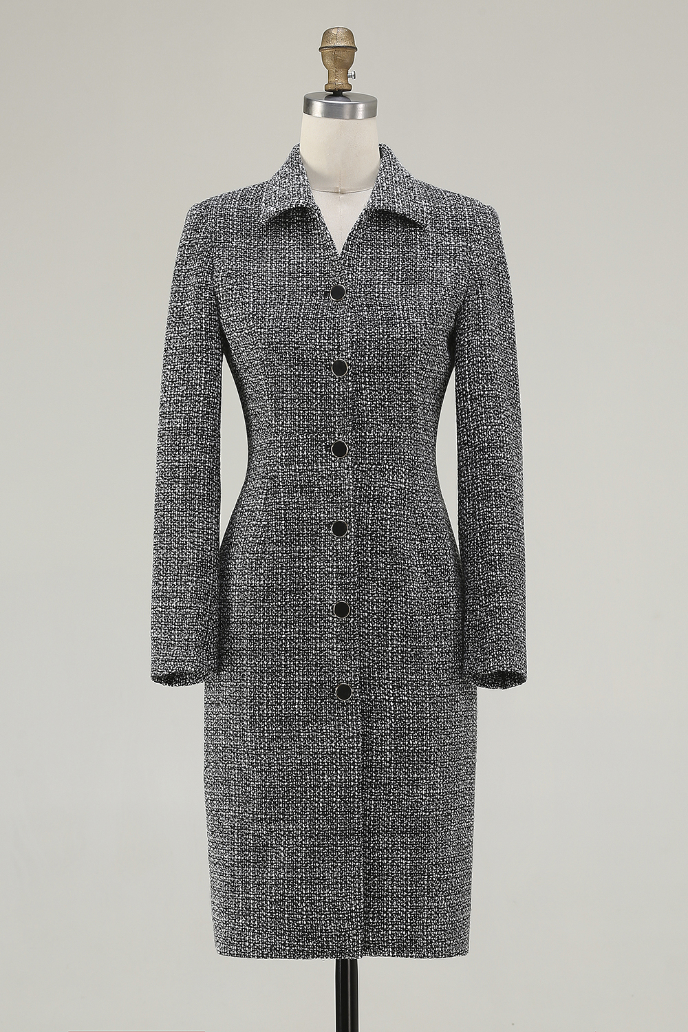 Dark Grey Tweed Collar Neck Pencil Short Work Dress with Sleeves