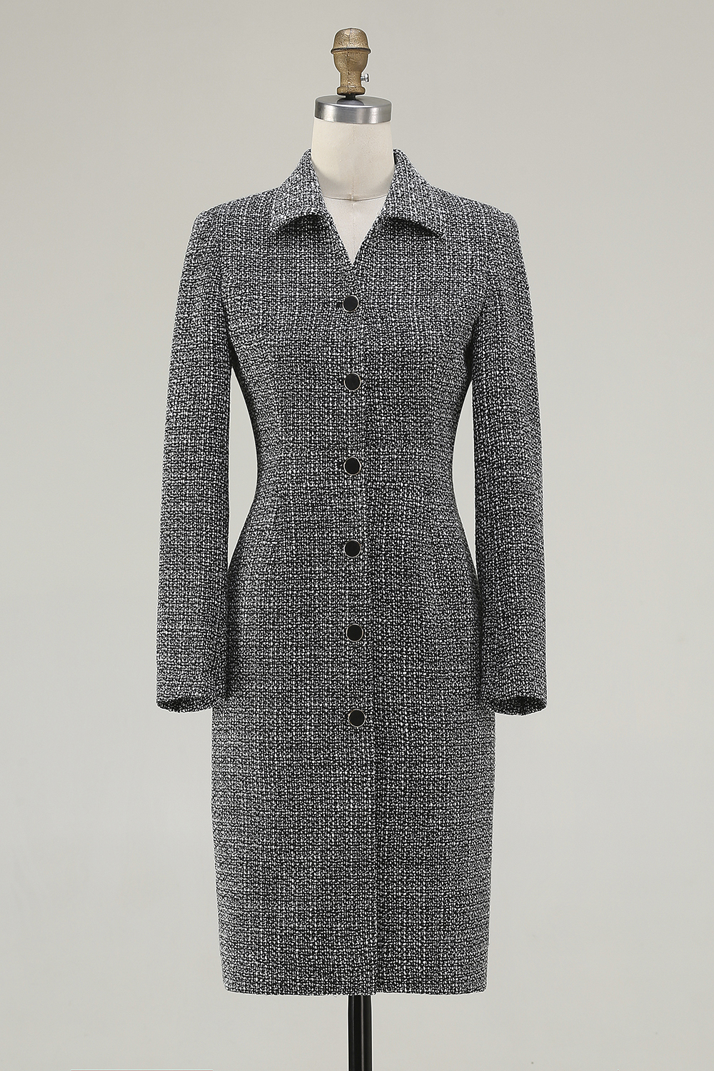 Dark Grey Tweed Collar Neck Pencil Short Work Dress with Sleeves