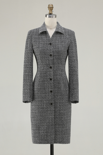 Dark Grey Tweed Collar Neck Pencil Short Work Dress with Sleeves