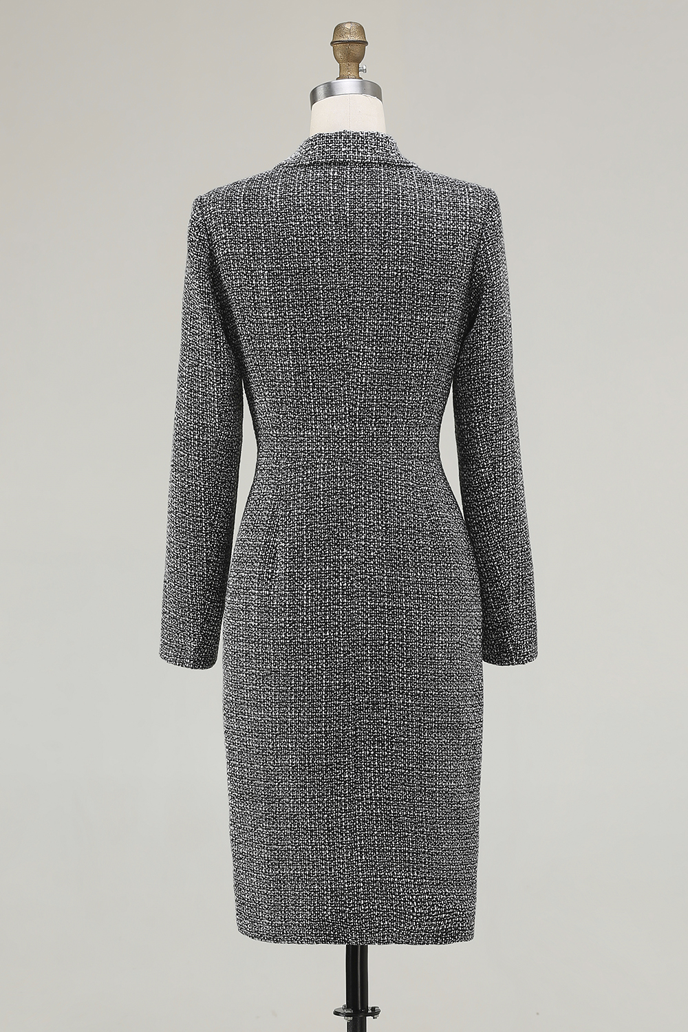 Dark Grey Tweed Collar Neck Pencil Short Work Dress with Sleeves