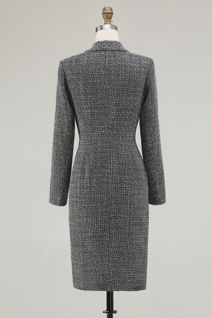 Dark Grey Tweed Collar Neck Pencil Short Work Dress with Sleeves