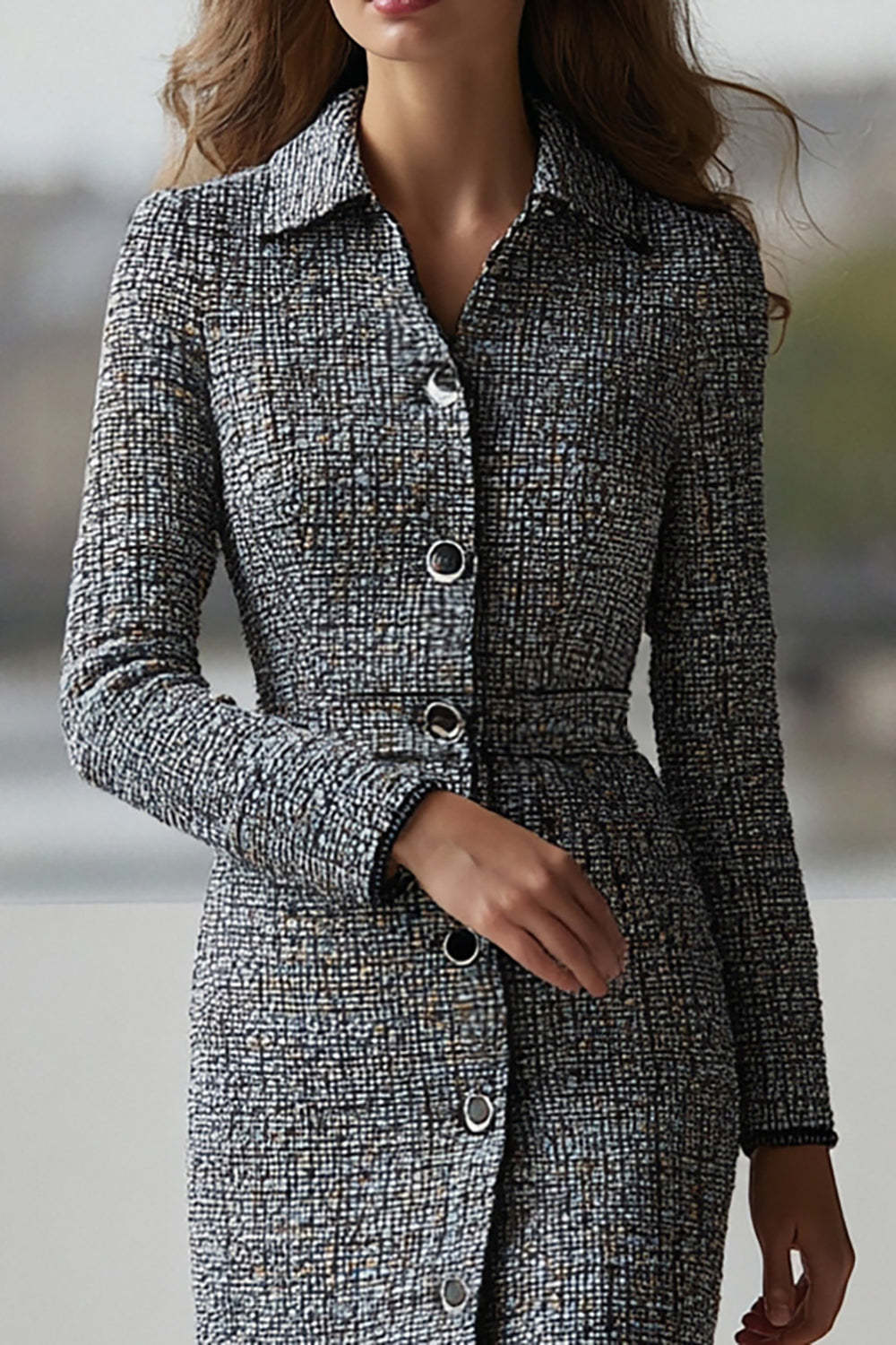 Dark Grey Tweed Collar Neck Pencil Short Work Dress with Sleeves