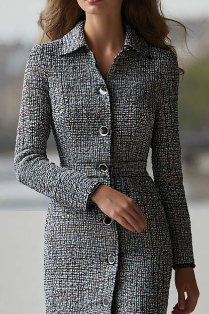 Dark Grey Tweed Collar Neck Pencil Short Work Dress with Sleeves