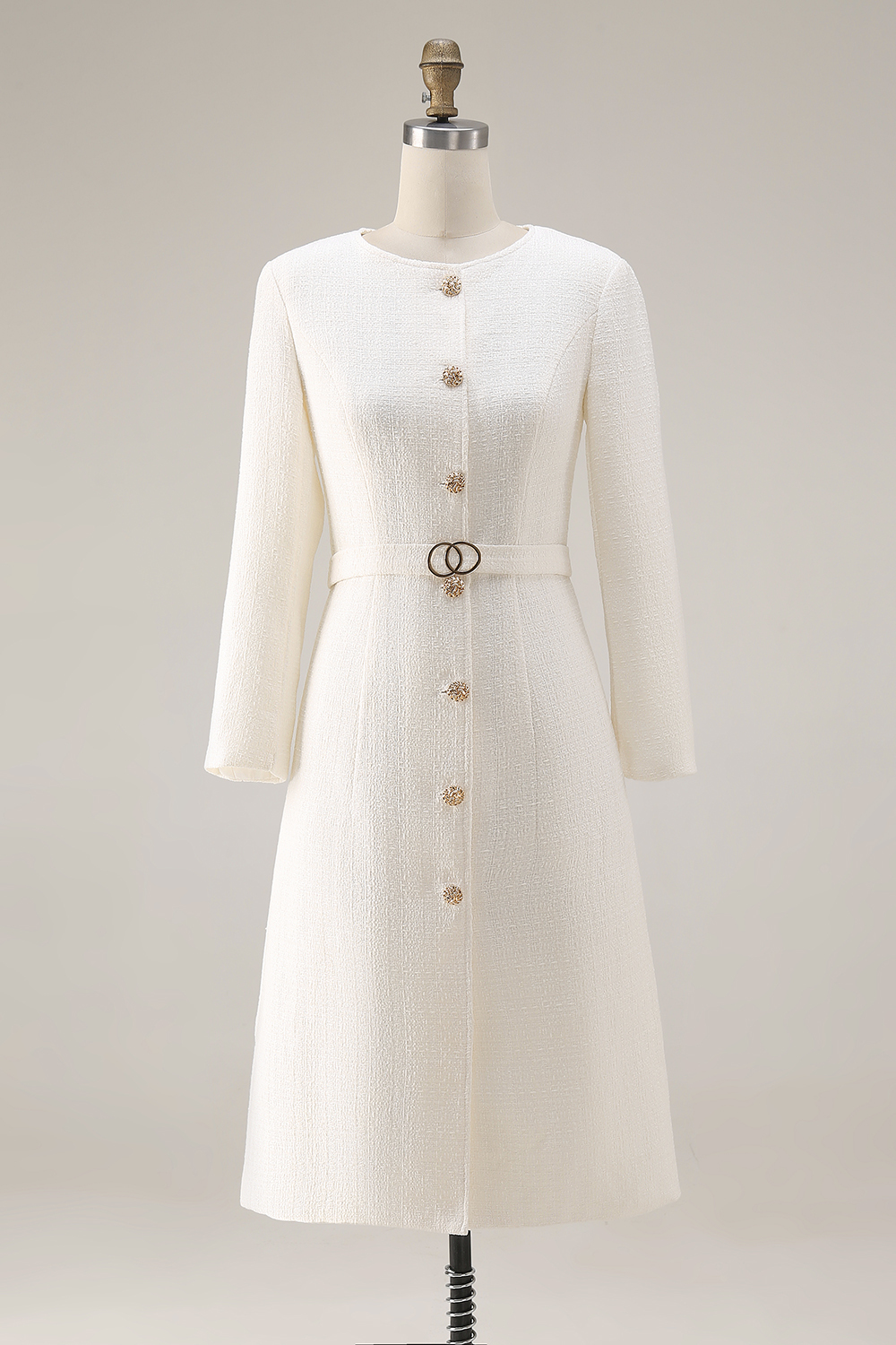 Tweed Ivory Long Sleeves Round Neck Midi Work Dress with Belt