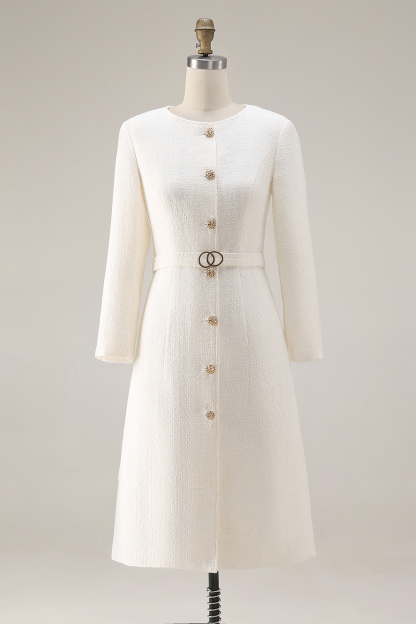 Tweed Ivory Long Sleeves Round Neck Midi Work Dress with Belt