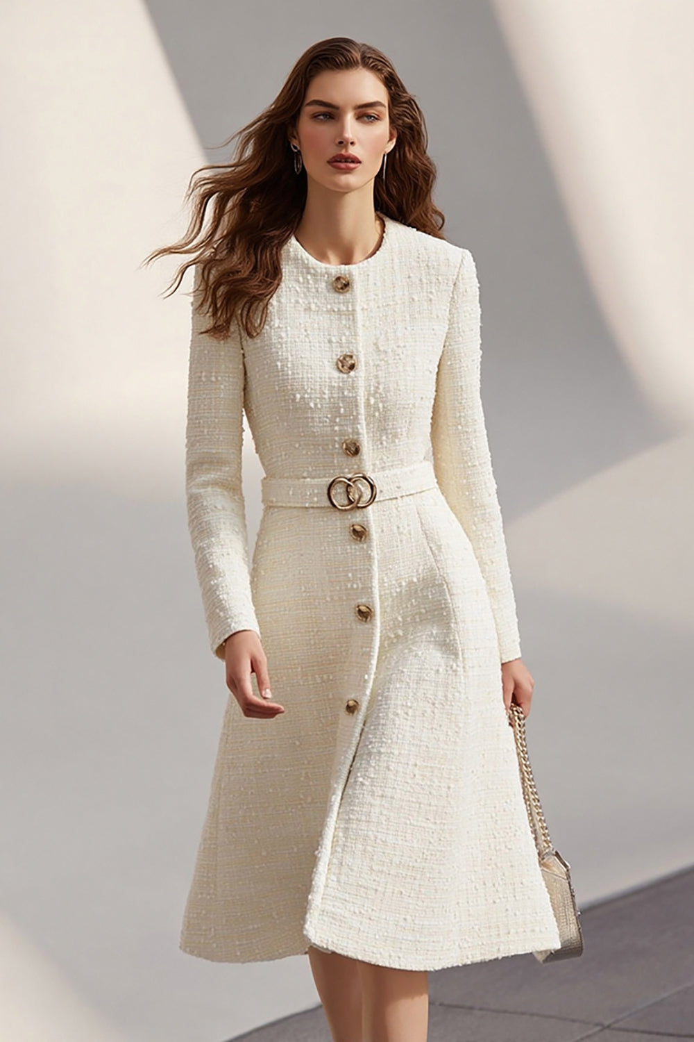 Leely Women Ivory Tweed Midi A Line Work Dress with Belt Long Sleeves Round Neck Coat Dress