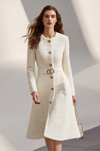 Leely Women Ivory Tweed Midi A Line Work Dress with Belt Long Sleeves Round Neck Coat Dress