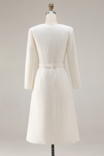 Tweed Ivory Long Sleeves Round Neck Midi Work Dress with Belt