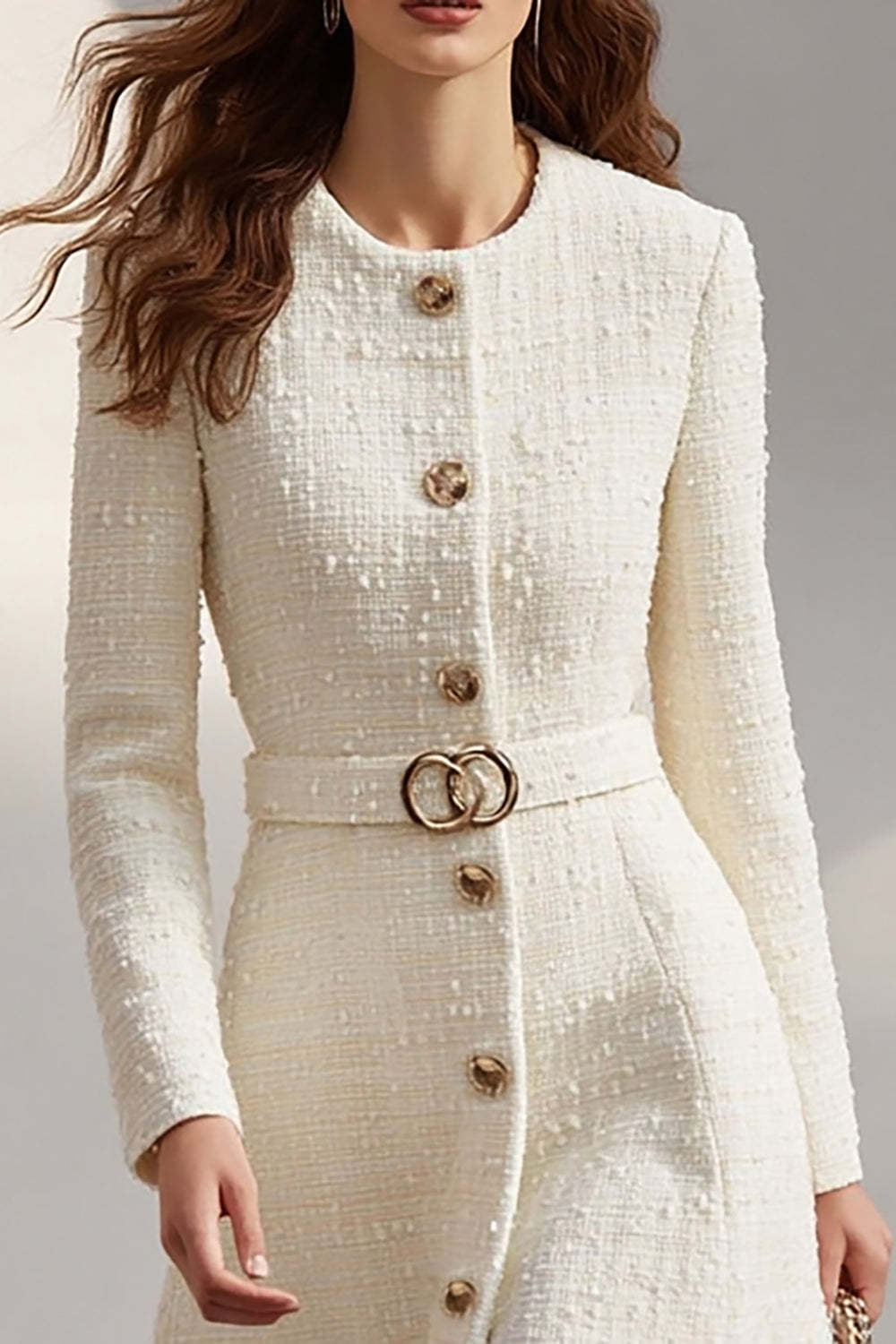 Tweed Ivory Long Sleeves Round Neck Midi Work Dress with Belt