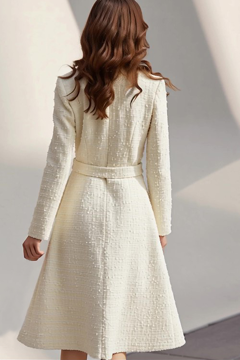 Tweed Ivory Long Sleeves Round Neck Midi Work Dress with Belt