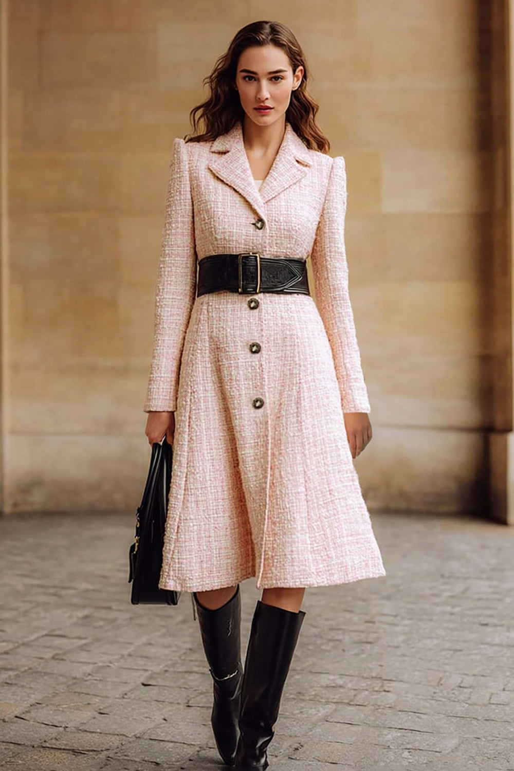 Pink Tweed Notched Lapel Long Sleeves Midi Work Dress with Belt