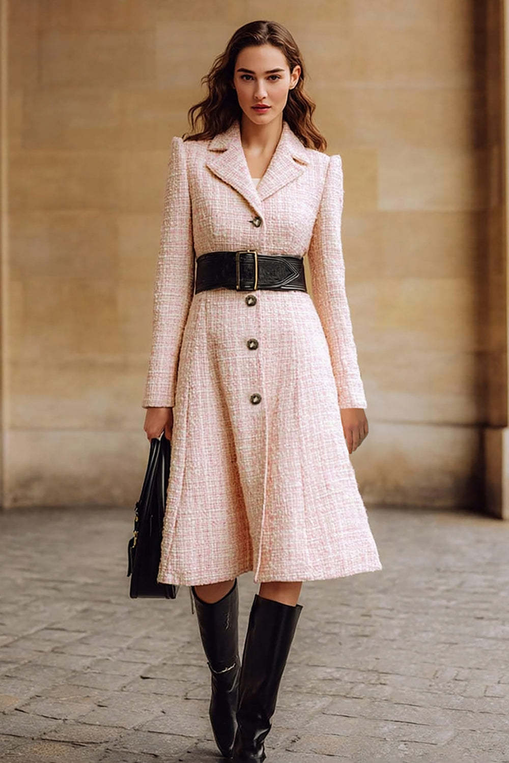 Leely Women Pink Tweed Notched Lapel Midi Work Dress with Belt Long Sleeves A Line Coat Dress