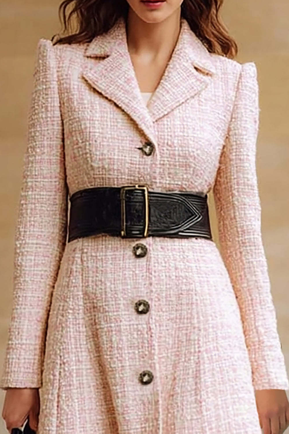 Pink Tweed Notched Lapel Long Sleeves Midi Work Dress with Belt