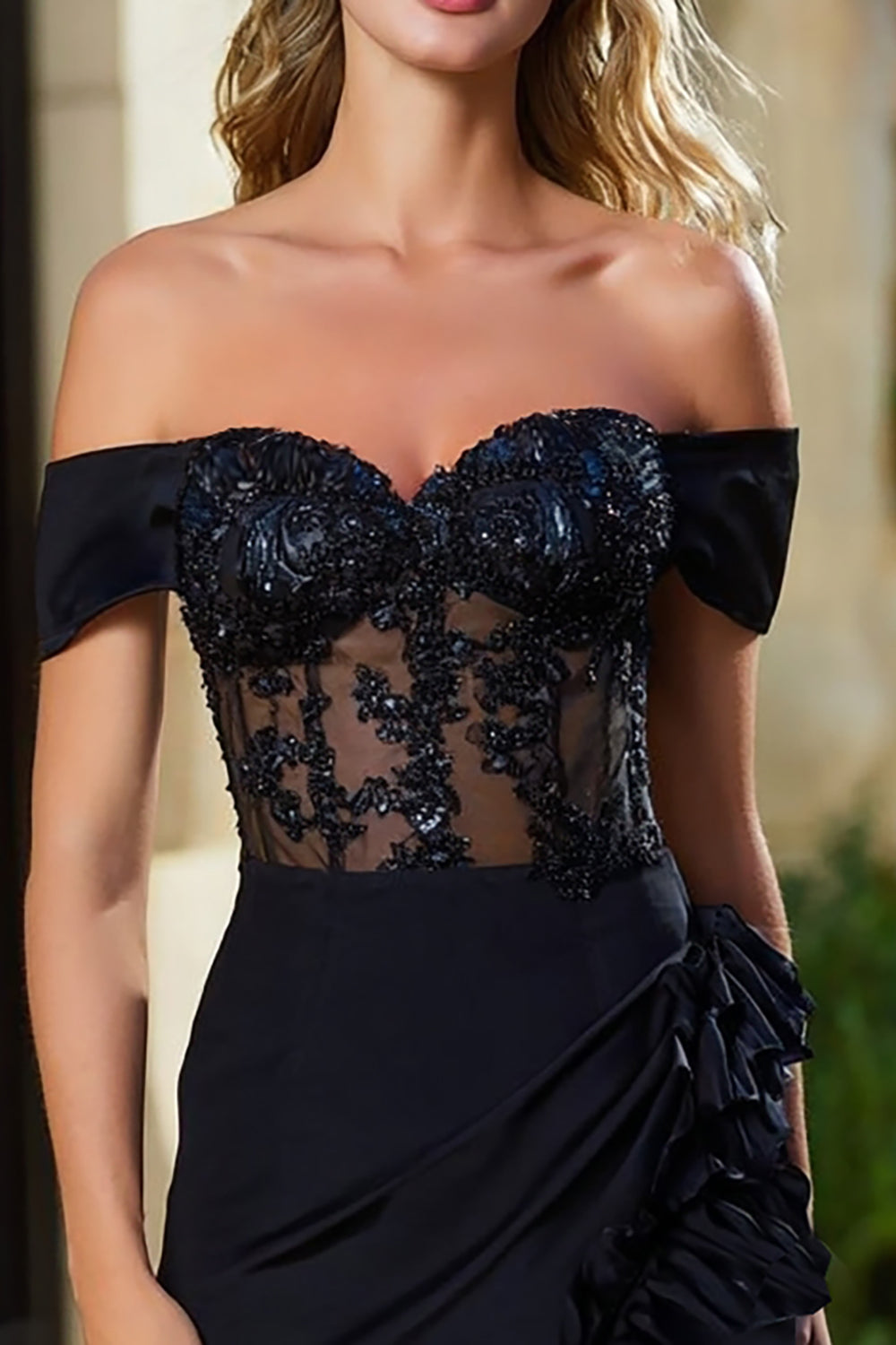 Sparkly Beaded Black Tight Short Cocktail Dress with Ruffles