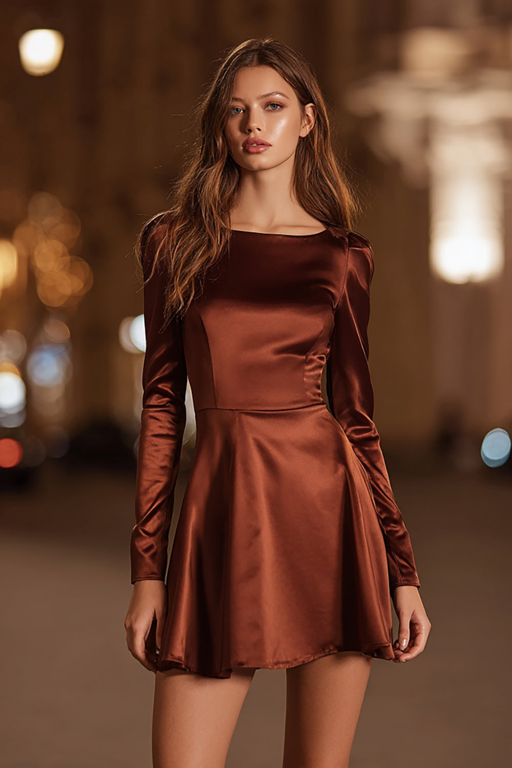 Short Satin Coffee A Line Boat Neck Cocktail Dress with Sleeves