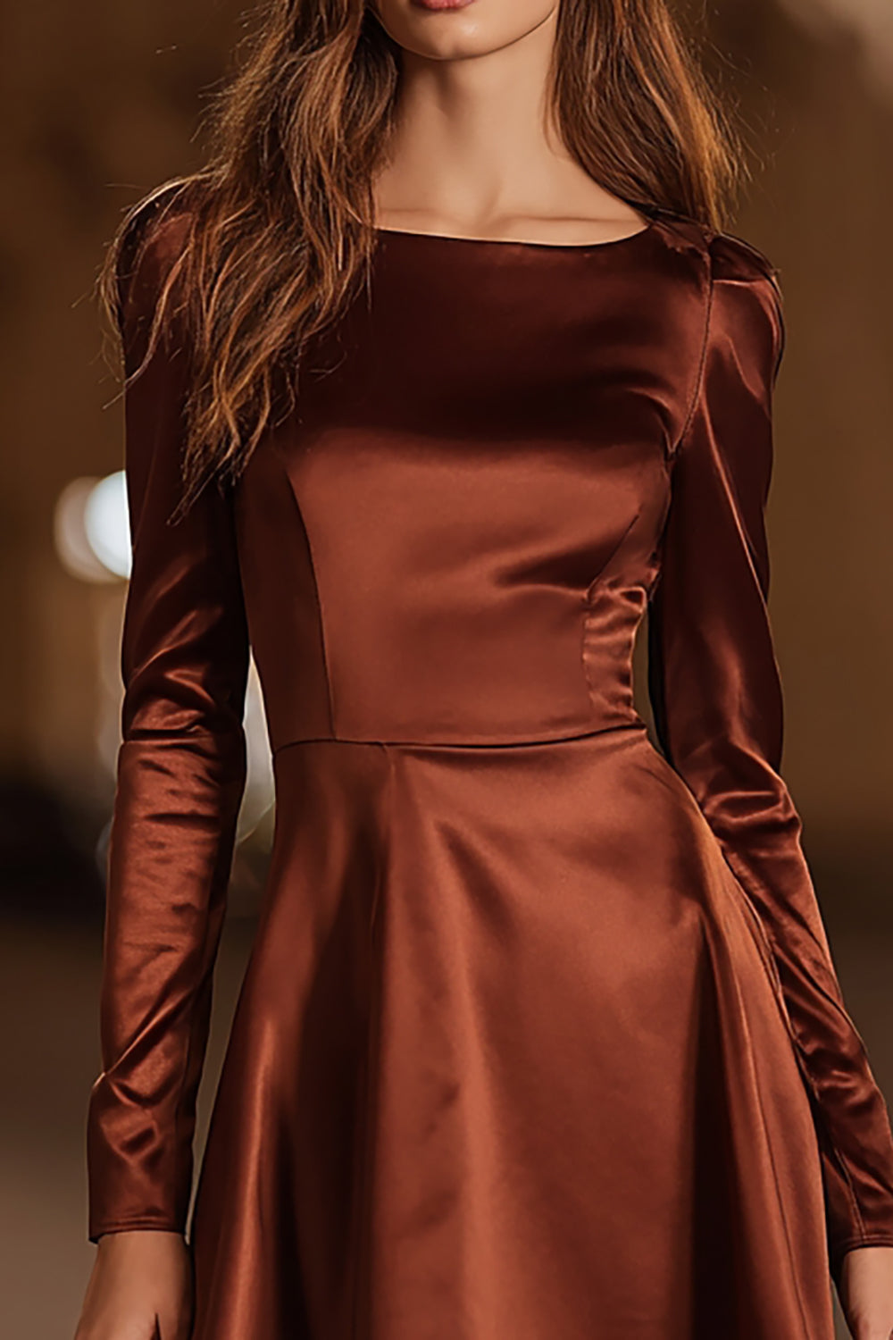 Short Satin Coffee A Line Boat Neck Cocktail Dress with Sleeves