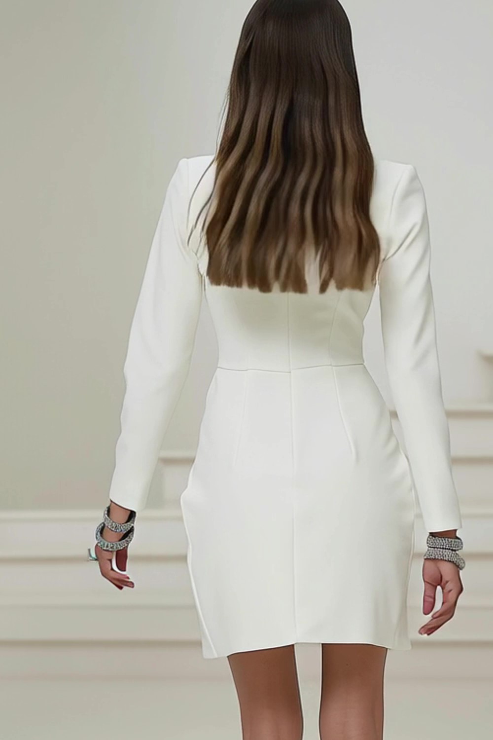 Short Ivory Pencil Pleated Round Neck Work Dress with Sleeves