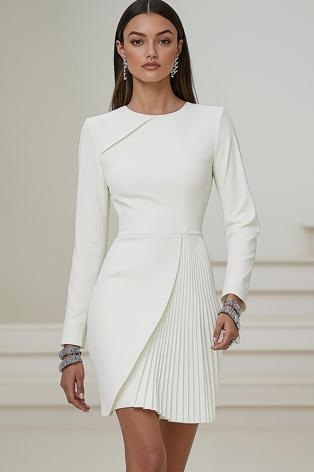 Short Ivory Pencil Pleated Round Neck Work Dress with Sleeves