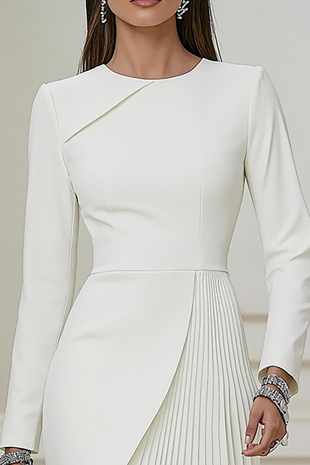 Short Ivory Pencil Pleated Round Neck Work Dress with Sleeves