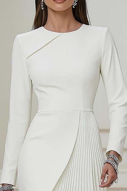 Short Ivory Pencil Pleated Round Neck Work Dress with Sleeves