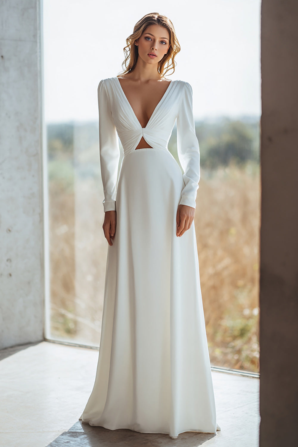 Leely Women Ivory Sheath Floor Length Wedding Dress with Keyhole V-Neck Long Sleeves Bridal Dress