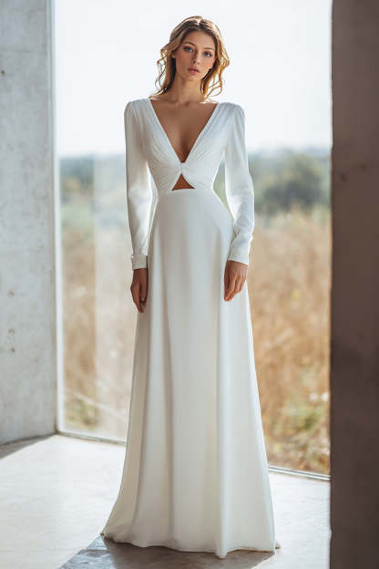 Leely Women Ivory Sheath Floor Length Wedding Dress with Keyhole V-Neck Long Sleeves Bridal Dress