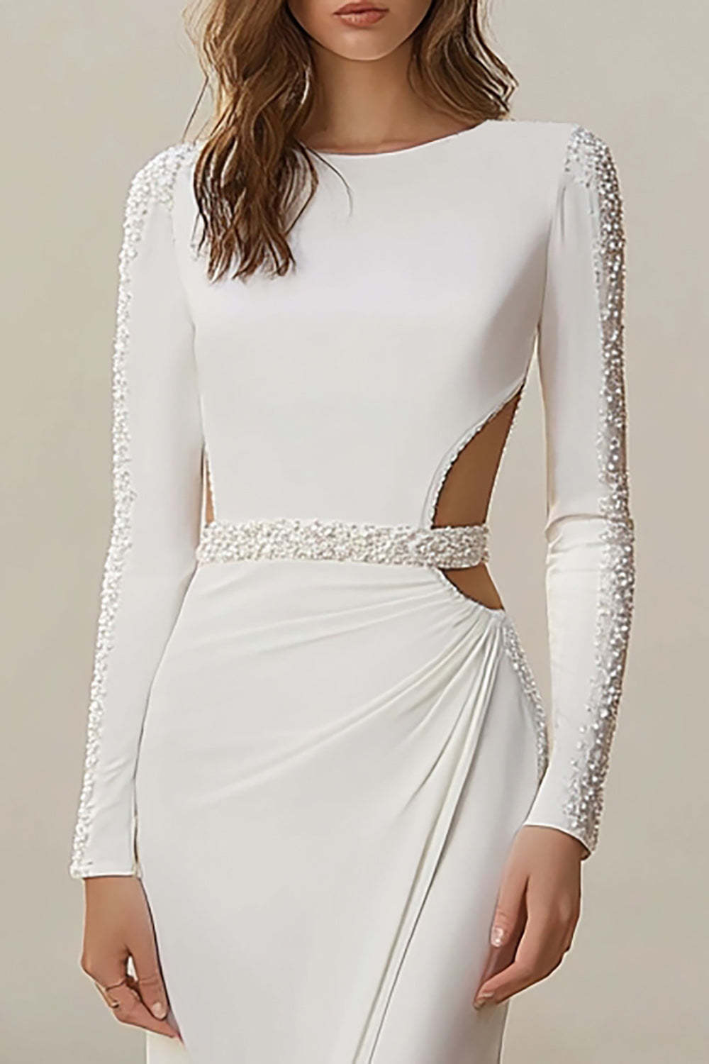 Beaded Ivory Mermaid Boat Neck Cut Out Sweep Train Wedding Dress with Sleeves