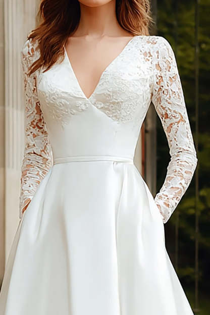 Ivory Long Sleeves V-Neck A Line Sweep Train Boho Wedding Dress with Lace
