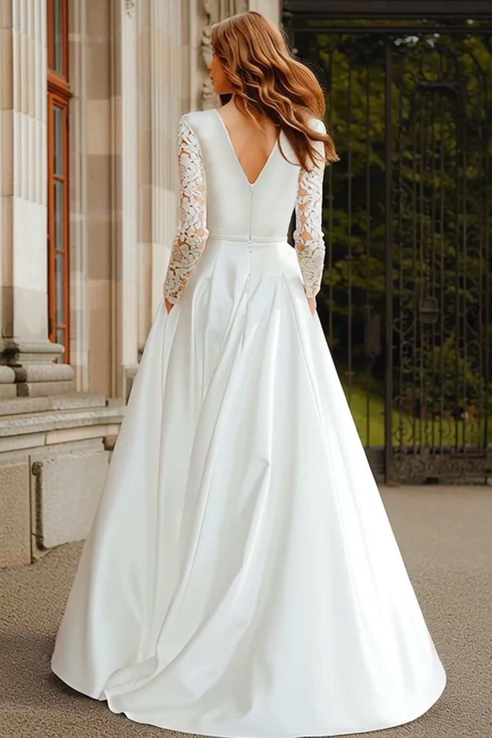 Ivory Long Sleeves V-Neck A Line Sweep Train Boho Wedding Dress with Lace