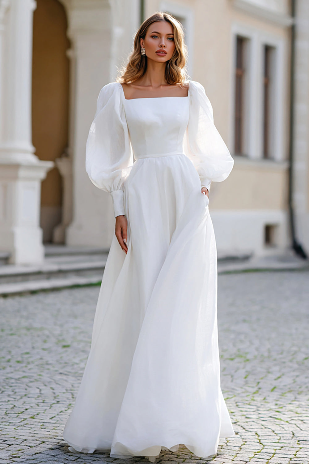 Ivory Square Neck Puff Sleeves A Line Floor Length Wedding Dress