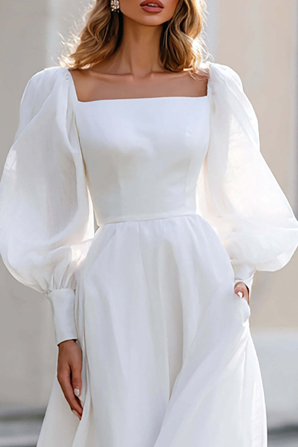 Ivory Square Neck Puff Sleeves A Line Floor Length Wedding Dress