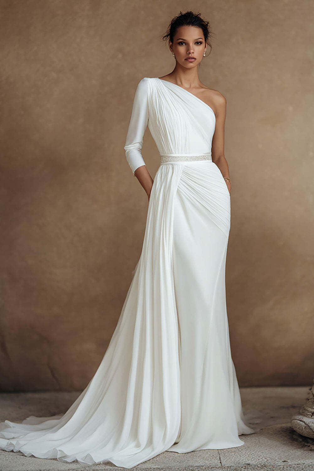 Leely Women Ivory Mermaid Chiffon Sweep Train Wedding Dress One Shoulder 3/4 Sleeves Bridal Dress with Side Cape
