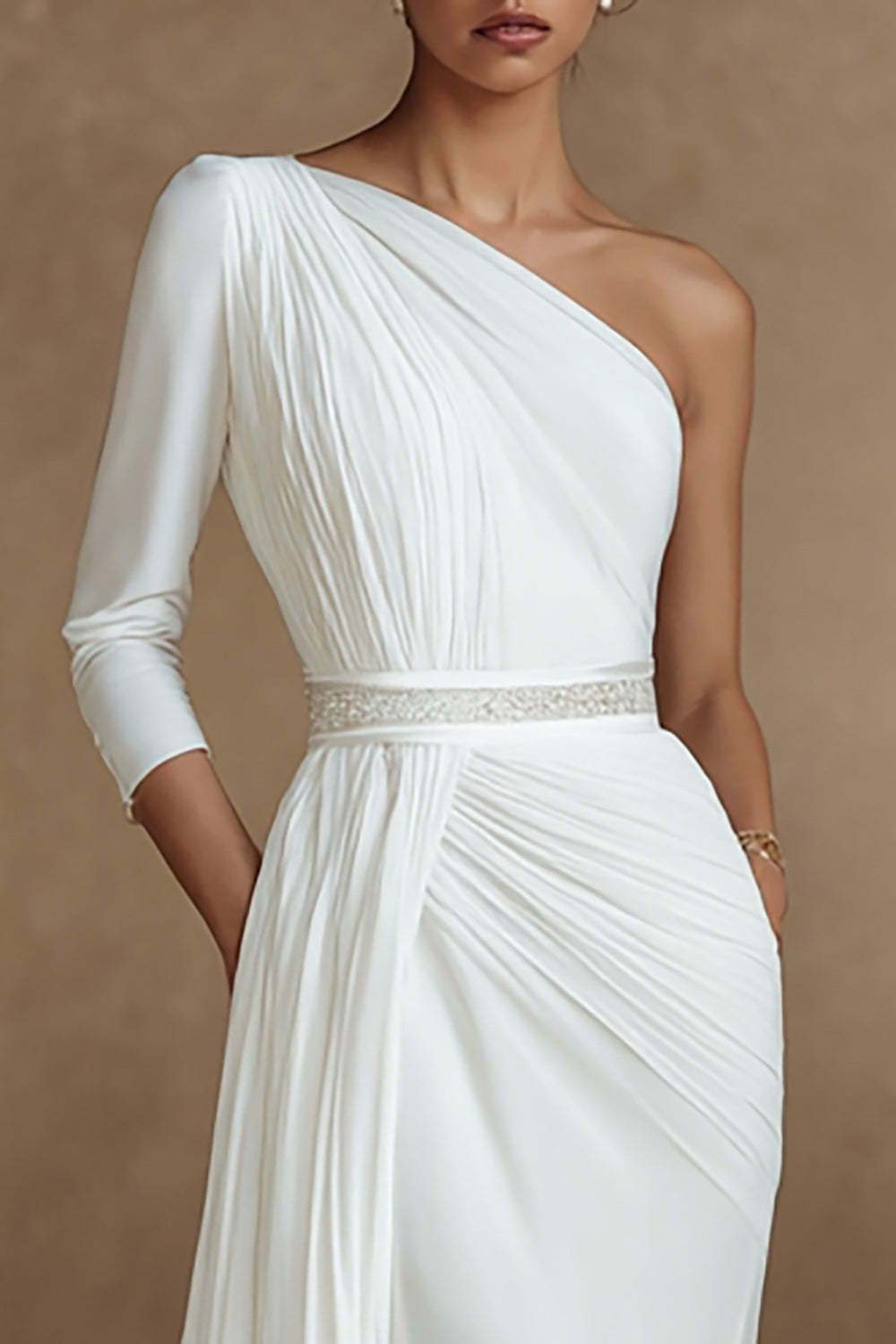 Ivory Ruched Mermaid Sweep Train One Shoulder Wedding Dress with Side Cape