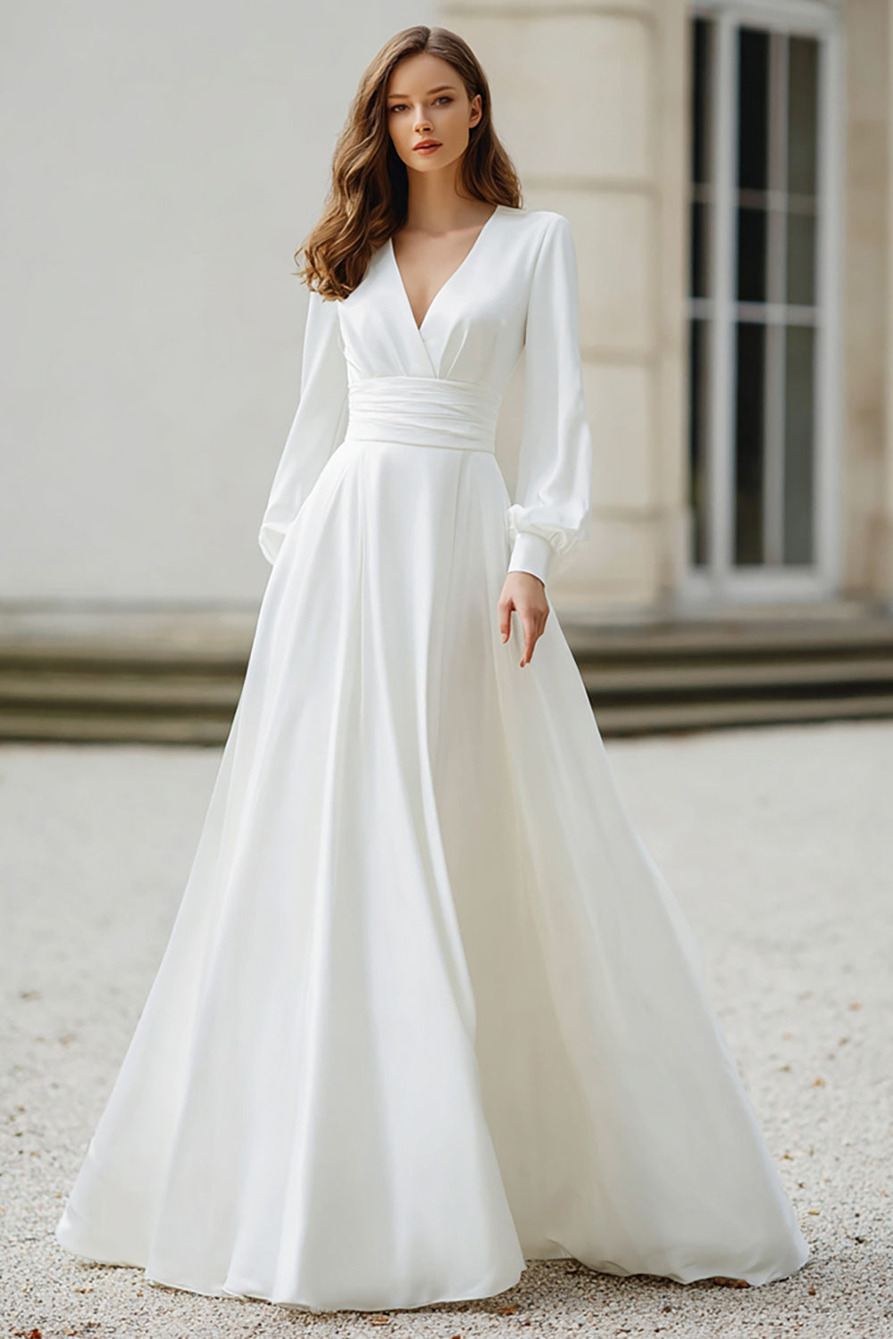 Simple Ivory V-Neck Long Sleeves Ruched A Line Floor Length Wedding Dress