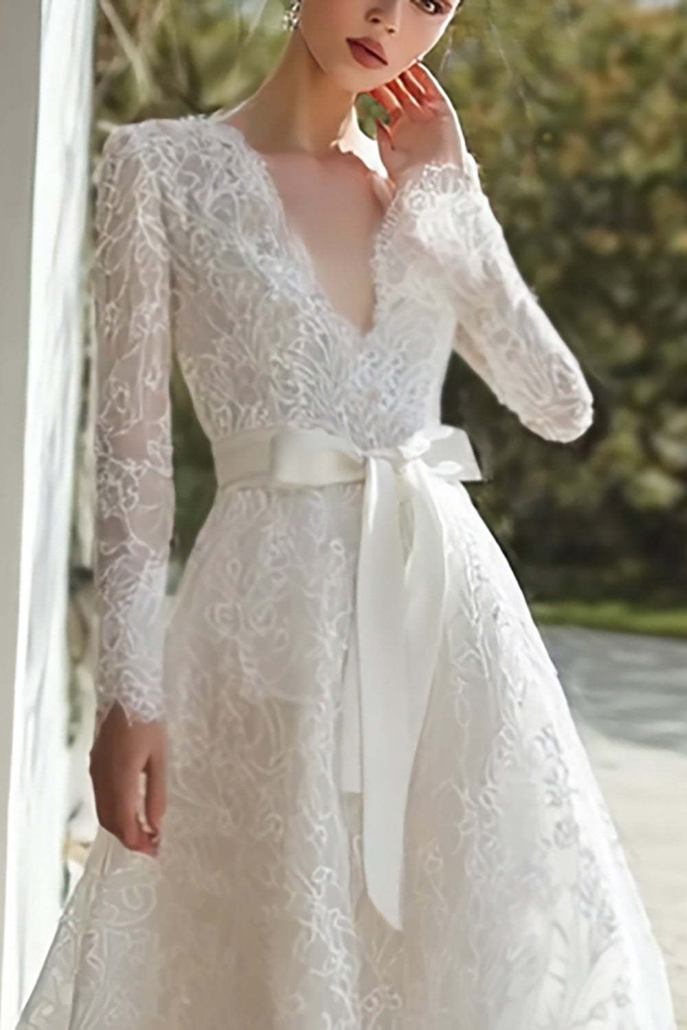 Ivory Lace V-Neck A Line Sweep Train Long Sleeves Boho Wedding Dress with Bow