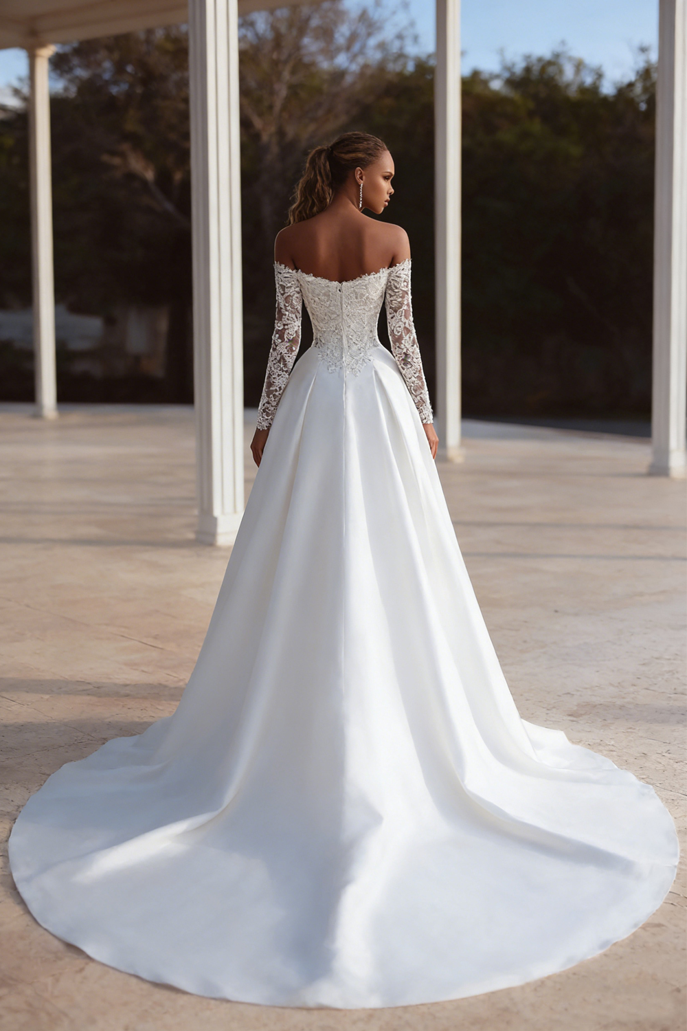 Ivory Satin Sweep Train Off the Shoulder Boho Wedding Dress with Sleeves